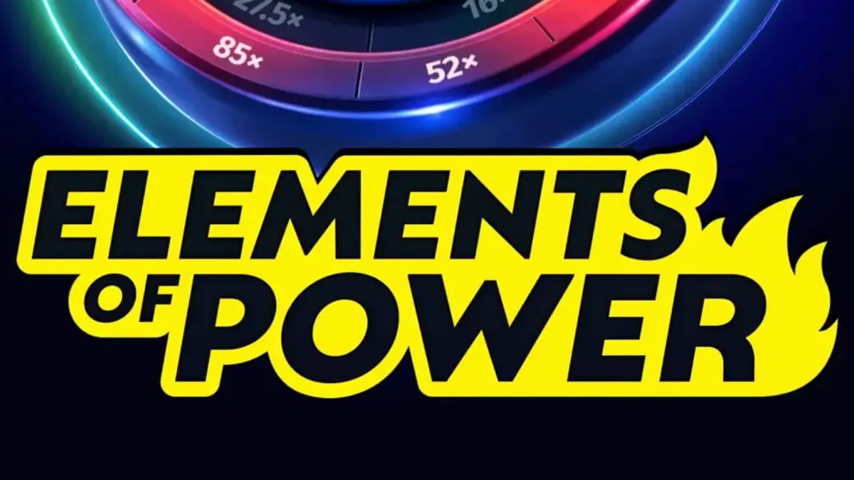 Tampilan antarmuka slot Elements of Power dengan elemen api, tanah, dan air yang bercahaya.