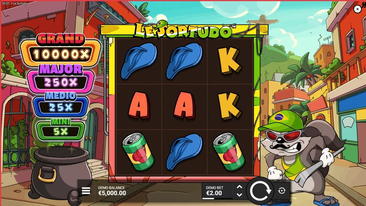 Smokey si rakun dalam petualangan slot Le Sortudo dengan latar belakang karnaval Brasil